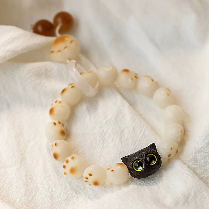 Natural Bodhi Seed Red Sandalwood Lovely Paw Lucky Cat Peace Bracelet