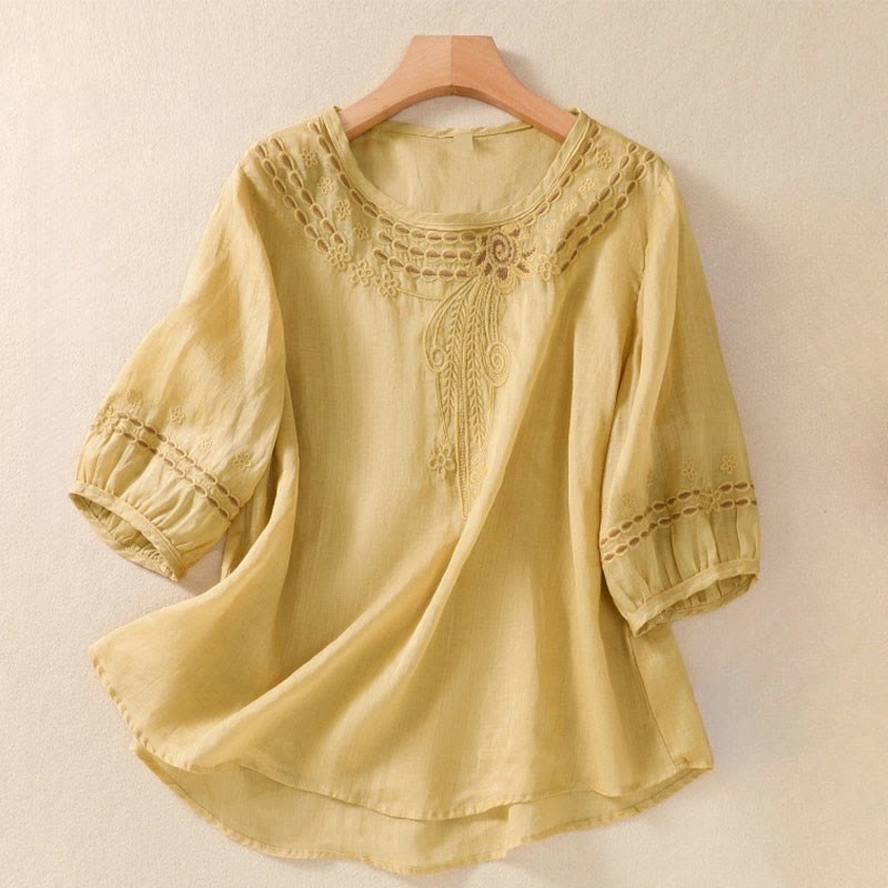 Artistic Plain Floral Embroidered Design Crew Neck Puff Half Sleeve Cotton Linen Women's T-Shirt