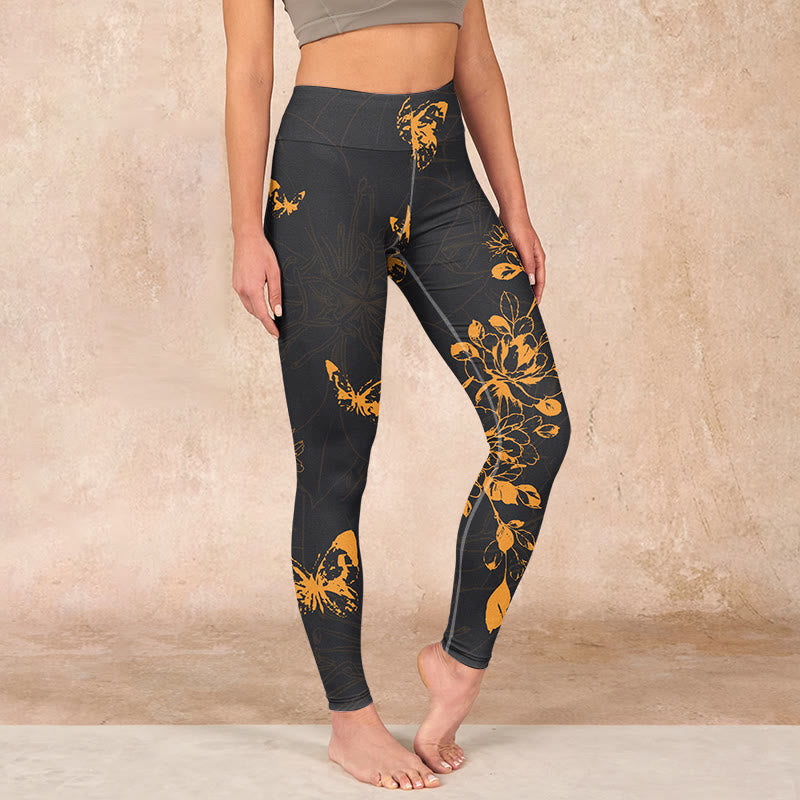 Dark Grey Butterflies Peony Flowers Print Gym Leggings Women's Yoga Pants