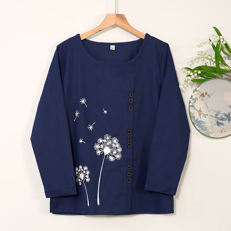 Casual Dandelion Long Sleeve Round Neck Shirt Cotton Linen Women's Shirts