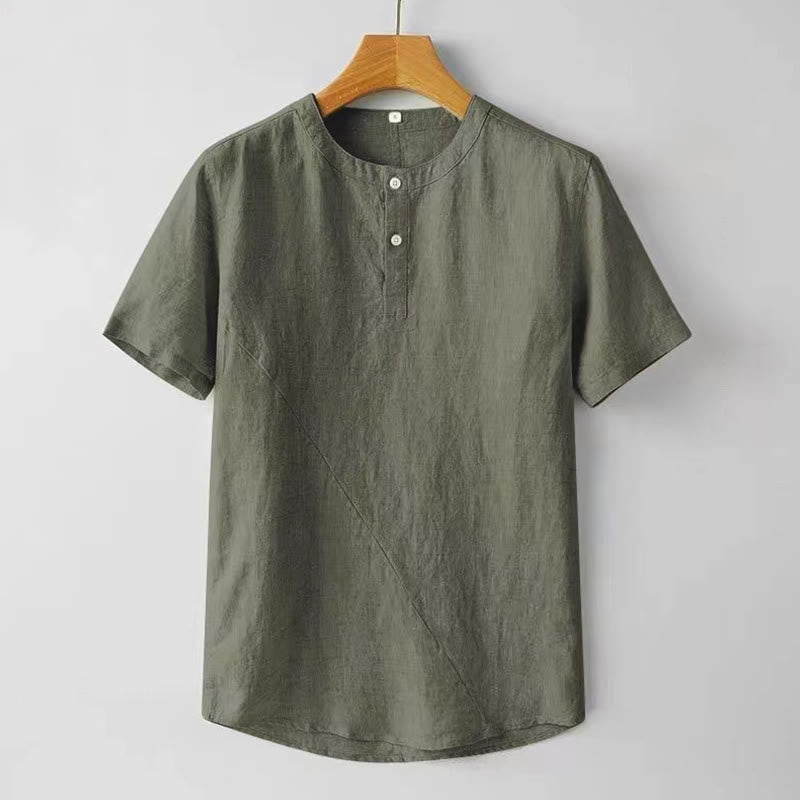 Summer Men's Solid Color Button Short Sleeve Linen Shirt