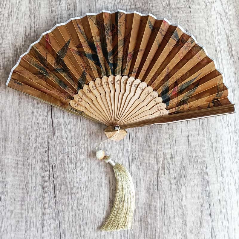 Flower Persimmon Bamboo Leaves Xiangyunsha Silk Handheld Bamboo Folding Fan