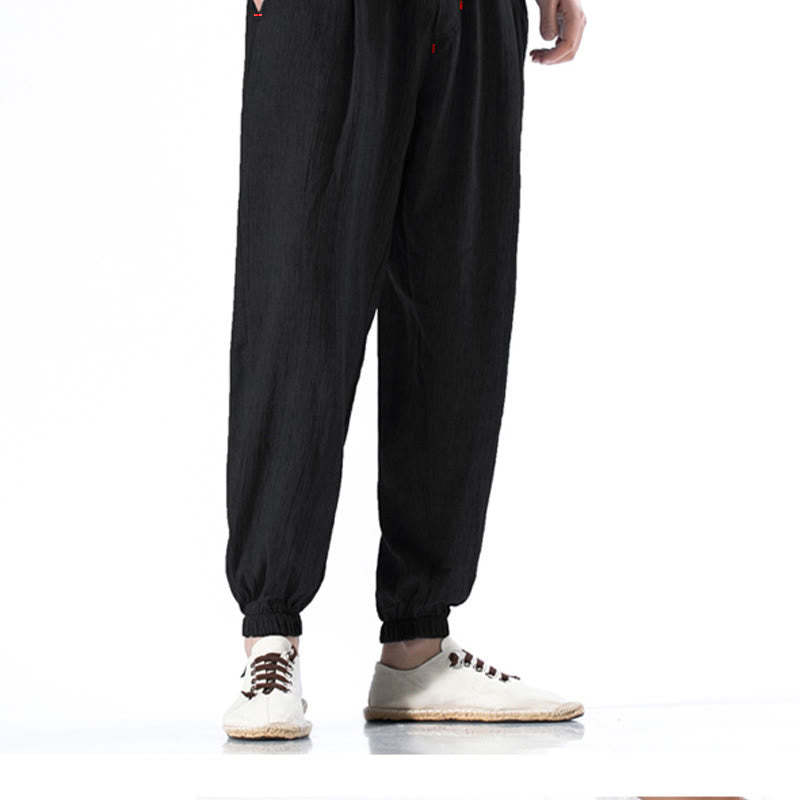Casual Solid Color Drawstring Linen Men's Pants With Pockets
