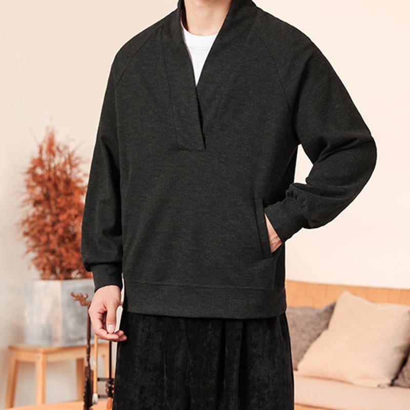 Fall Simple V-Neck Men's Sweatshirt Cotton Pullover With Pockets