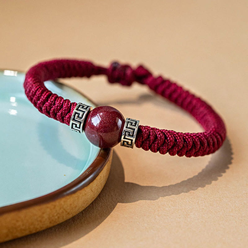 925 Sterling Silver Natural Cinnabar Bead Calm Handmade Braided String Bracelet