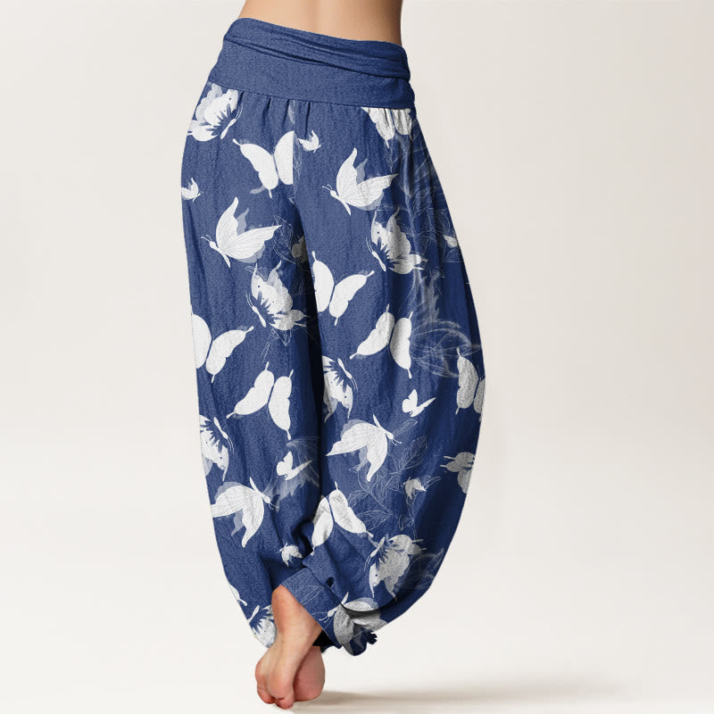 Casual Flying Butterfly Leaf Pattern Women's Elastic Waist Harem Pants