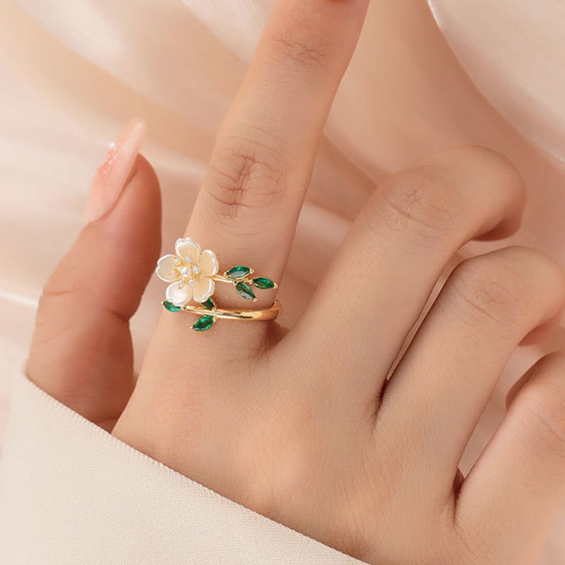 Pearl Flower Zircon Leaves Happiness Wealth Adjustable Ring