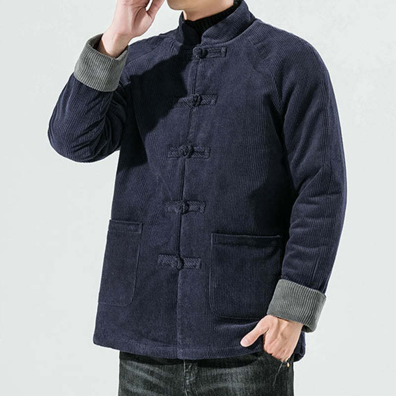 Frog-Button Chinese Tang Suit Stand Collar Long Shirt Corduroy Men Cotton Jacket Clothing