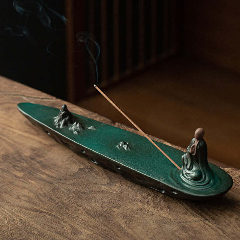 mystic zen Monk Ceramic Sea Wave Mountain Blessing Incense Burner Decoration