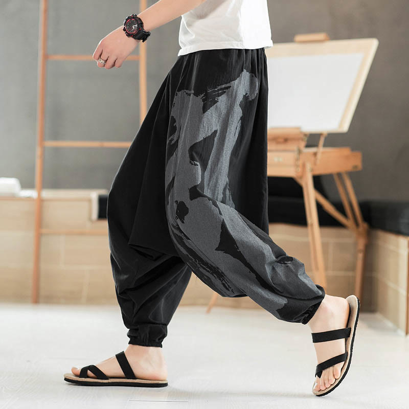 Simple Summer Calligraphy Cotton Men's Harem Pants With Pockets