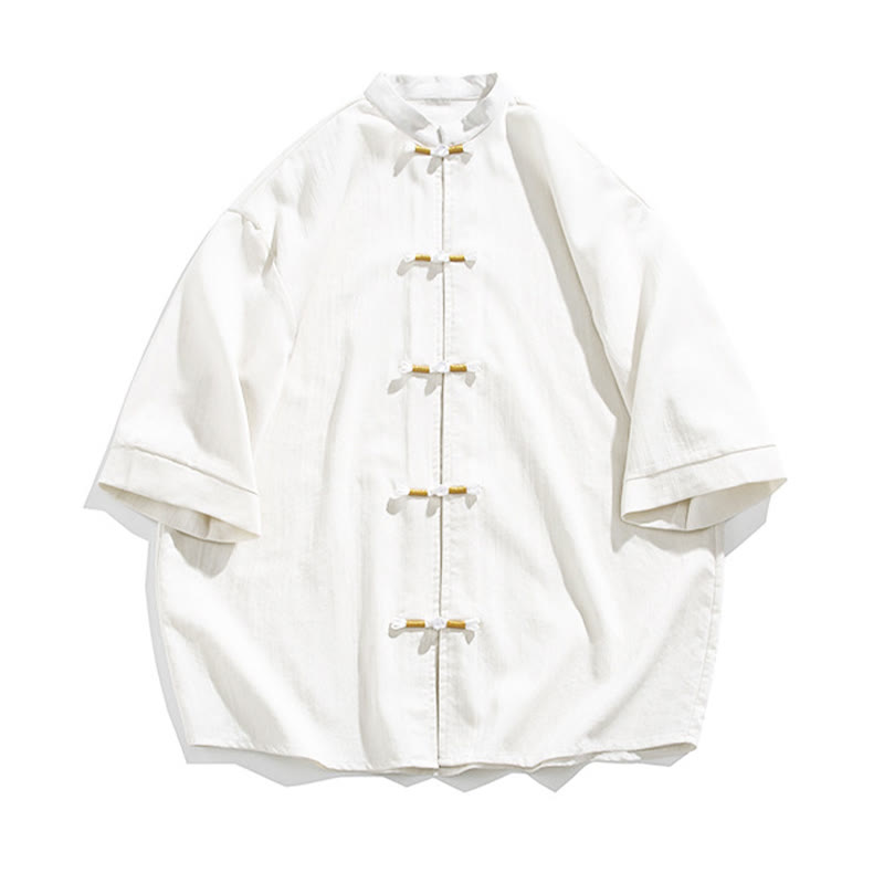 Pure Color Frog-Button Half Sleeve Linen Men's Shirt