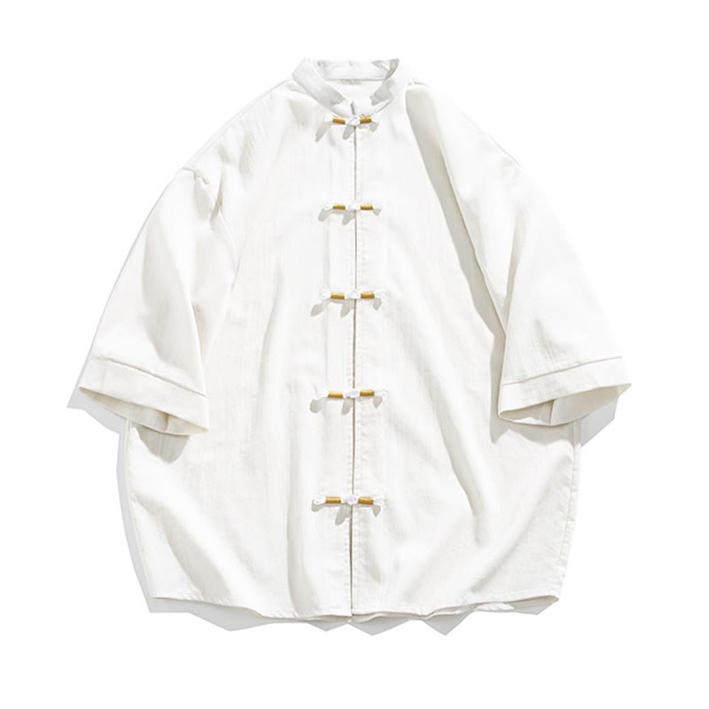 Pure Color Frog-Button Half Sleeve Linen Men's Shirt