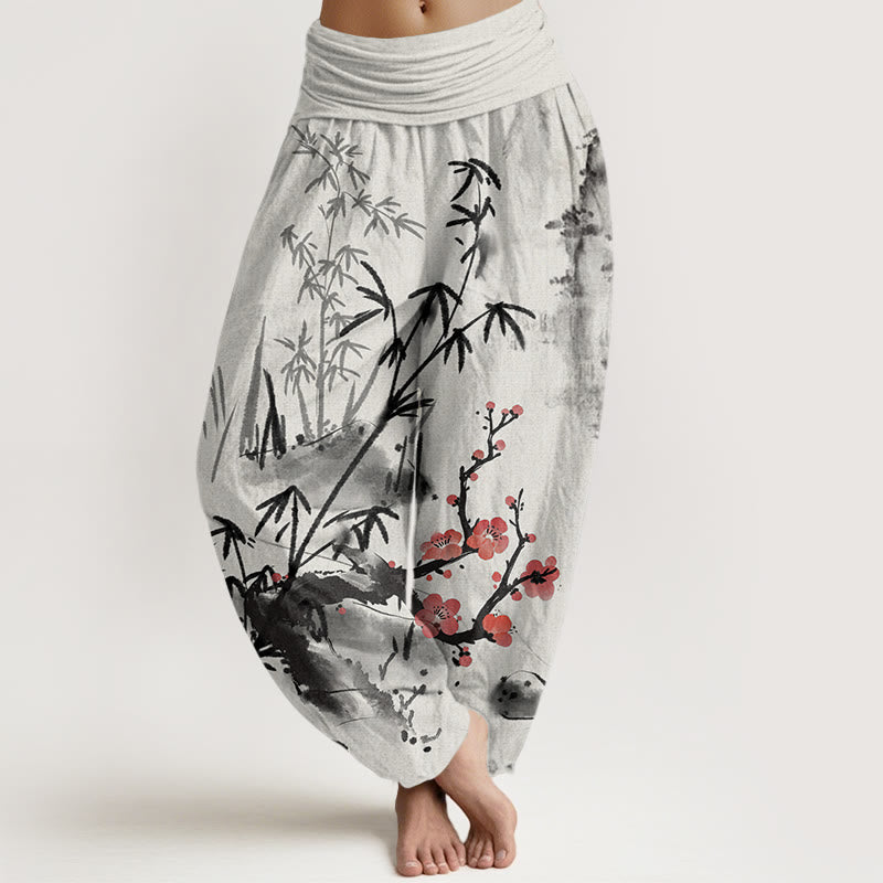 Plum Blossoms Bamboo Orchids Chrysanthemums Pattern Women's Elastic Waist Harem Pants