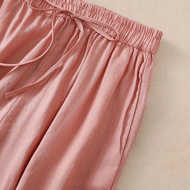Pure Color Drawstring Frog-Button Cotton Linen Women's Harem Pants With Pockets