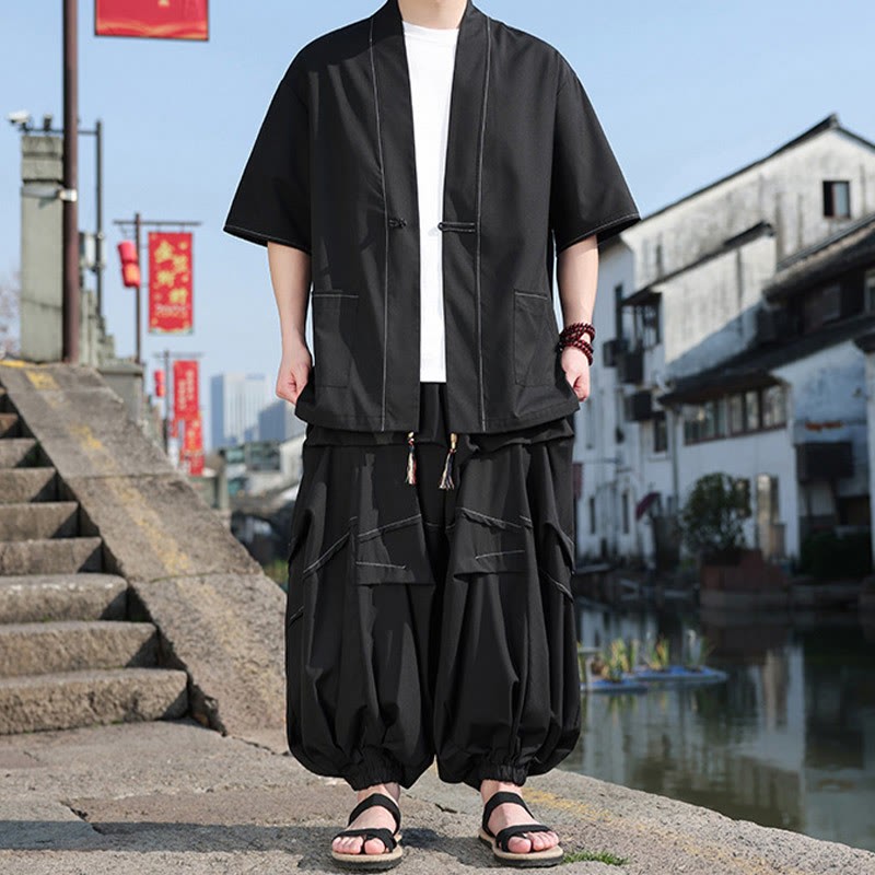 2Pcs Black Frog-Button Cotton Men's Kimono Jacket Drawstring Wide Leg Pants With Pockets