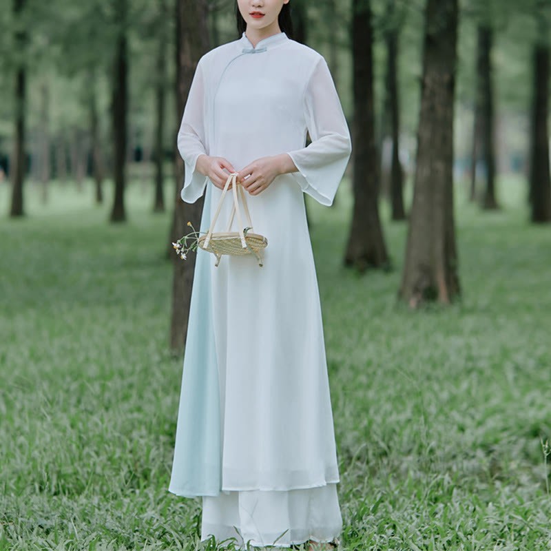 Three Quarter Sleeve Chiffon Cheongsam Midi Dress Wide Leg Pants Meditation Zen Practice Clothing