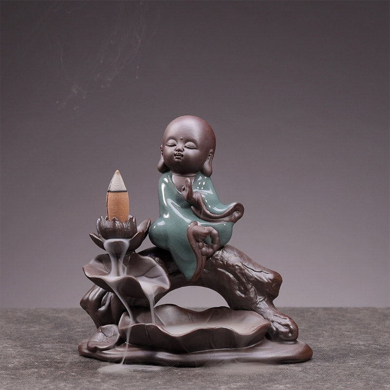 Little Monk Ceramic Lotus Blessing Incense Burner Decoration