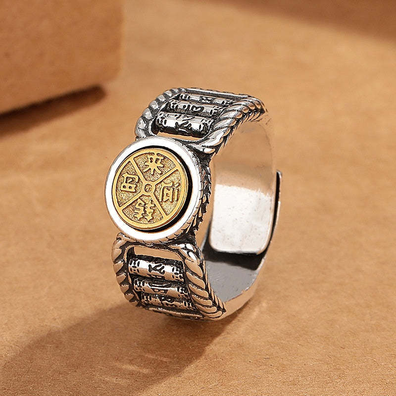 Tibetan Om Mani Padme Hum Carved Design Copper Coin Purity Rotatable Ring