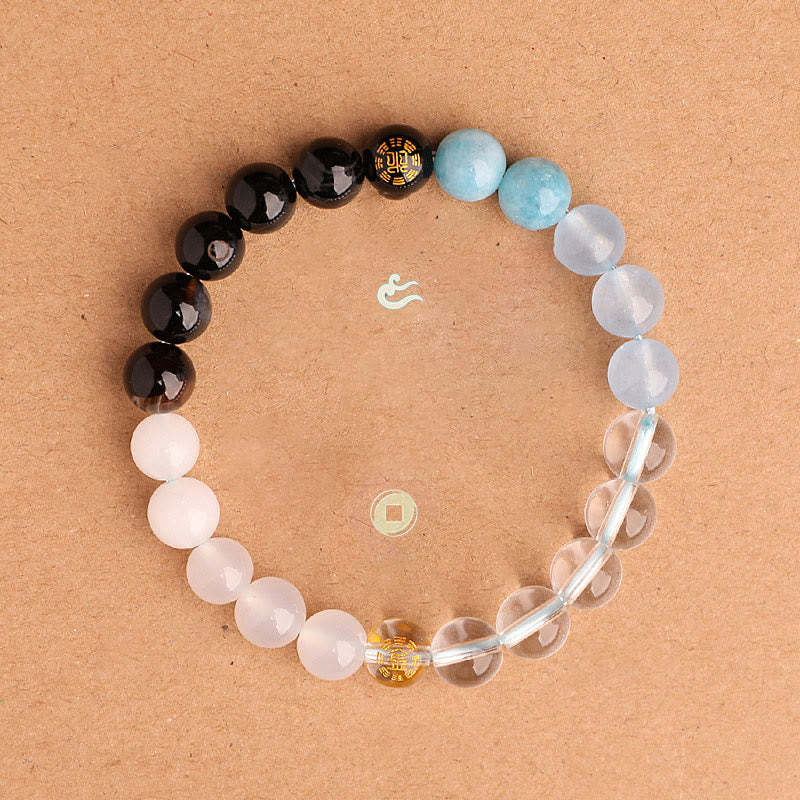 Five Elements Various Agate Crystal Black Onyx Green Chalcedony Aquamarine Wisdom Bracelet