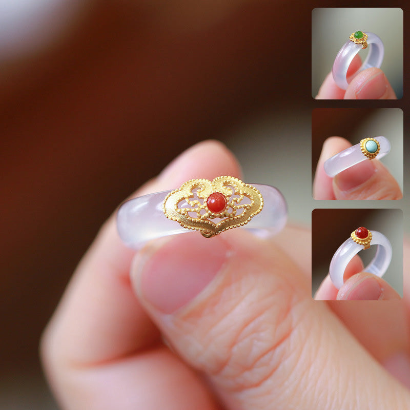 White Agate Cyan Jade Turquoise Red Agate Luck Protection Ring