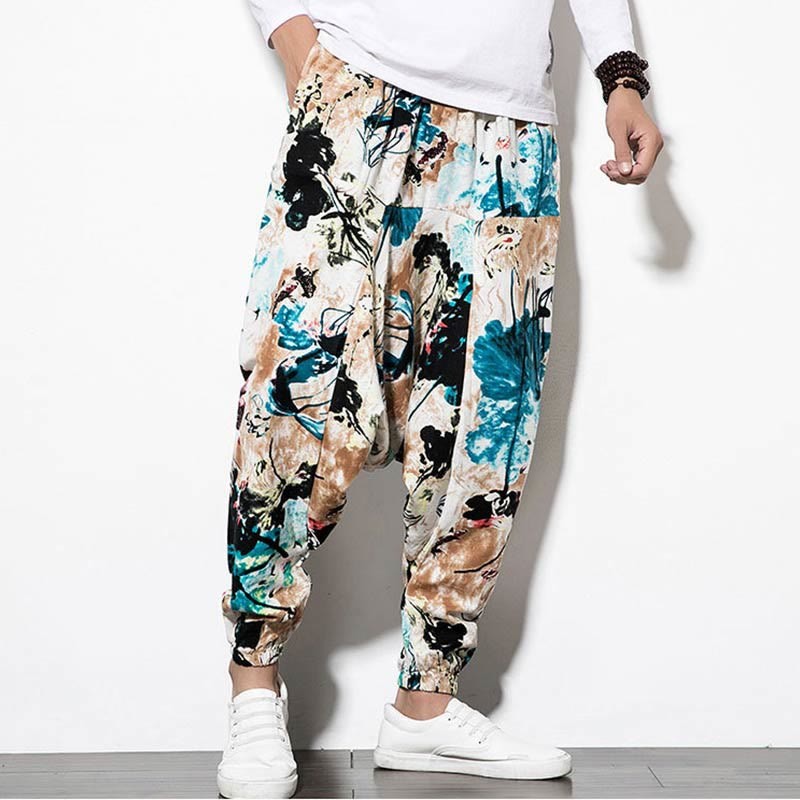 Flowers Leaves Brown Blue Painting Print Cotton Men's Long Cropped Harem Pants With Pockets