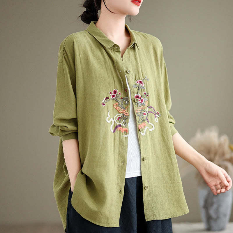 Flower Embroidery Long Sleeve Cotton Linen Women's Shirts