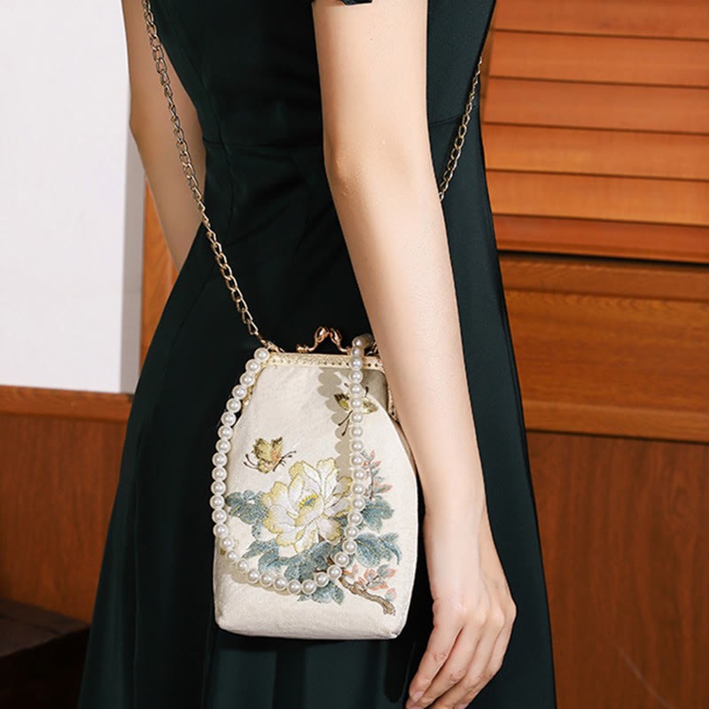 Small Flowers Butterfly Embroidered Pearl Metal Chain Shoulder Bag Crossbody Handbag Cellphone Bag