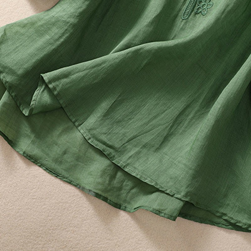 Artistic Plain Floral Embroidered Design Crew Neck Puff Half Sleeve Cotton Linen Women's T-Shirt