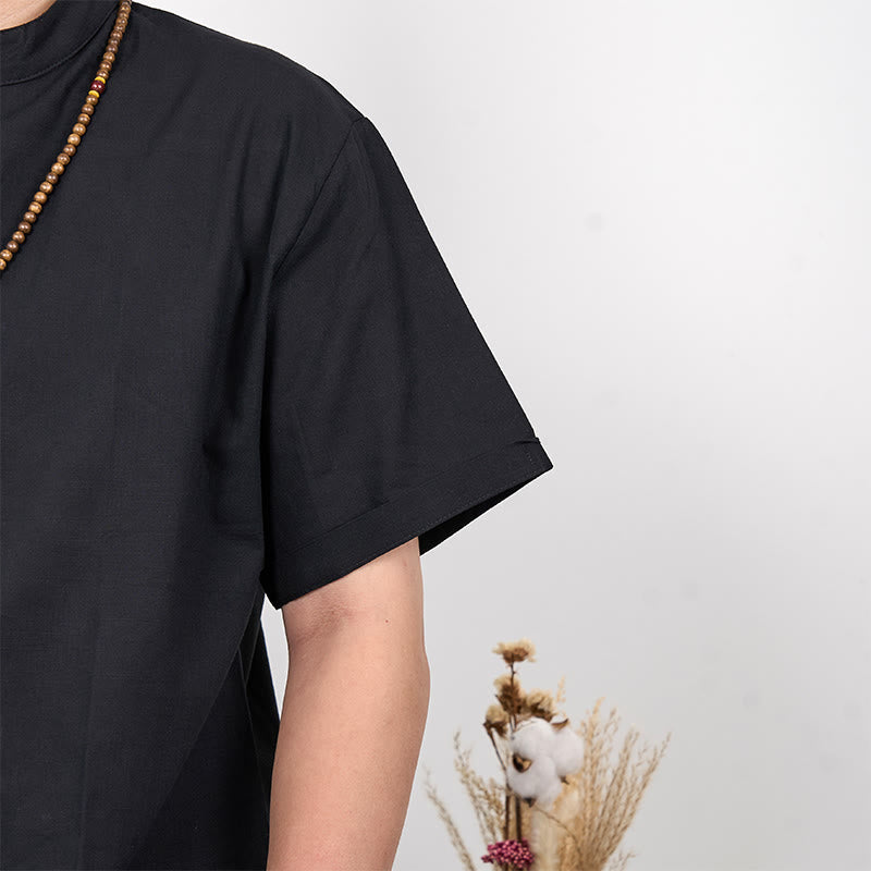 Men's Plain Color Short Sleeve Half Button Cotton Linen Shirt