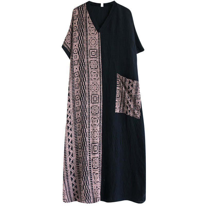 Casual Loose Printing Dyeing Cotton Linen V-neck Half Sleeve Design Midi Dress With Pockets