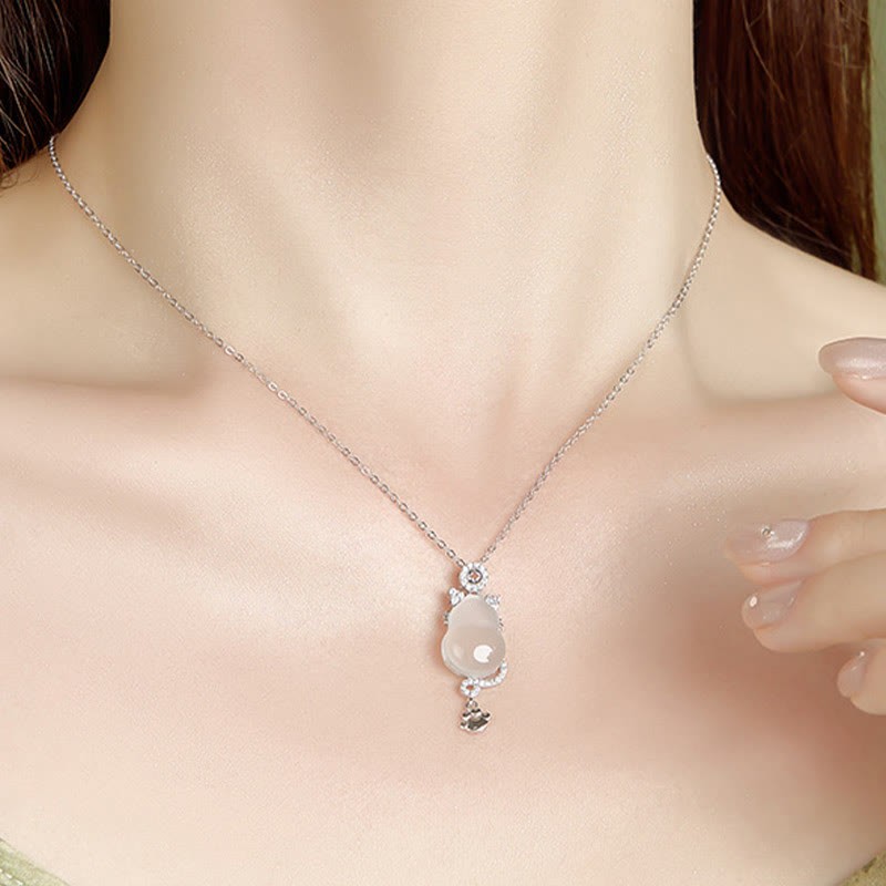 925 Sterling Silver 14k Gold White Jade Gourd Cat Protection Necklace Pendant