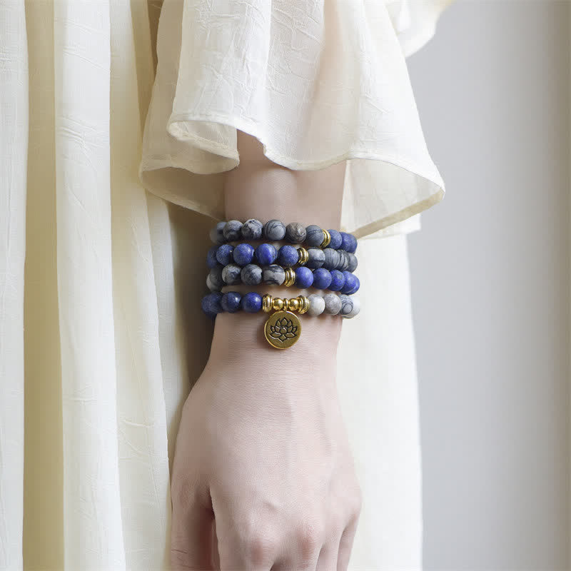 Lazurite Picasso Jasper Amazonite Rhodonite Apatite Positive Lotus Prayer Bead Bracelet