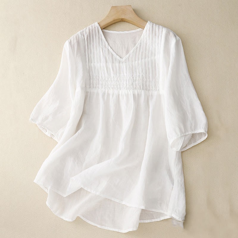 Casual Plain Loose Women's V-Neck Design Half Sleeve Cotton Linen Shirt
