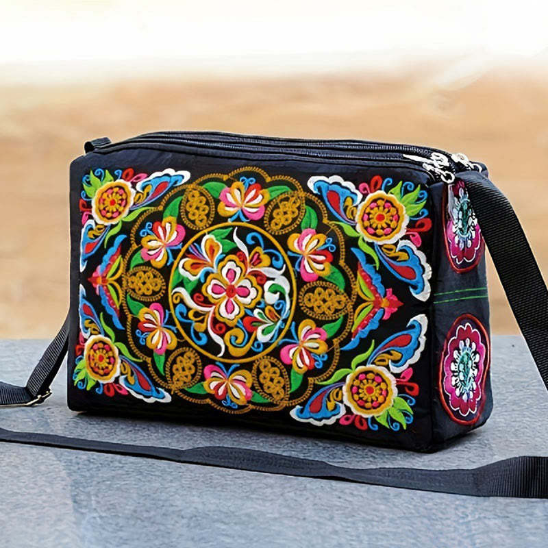 Galsang Inula Flower Peony Peacock Double-Sided Embroidery Canvas Shopping Purse Handbag Crossbody Bag