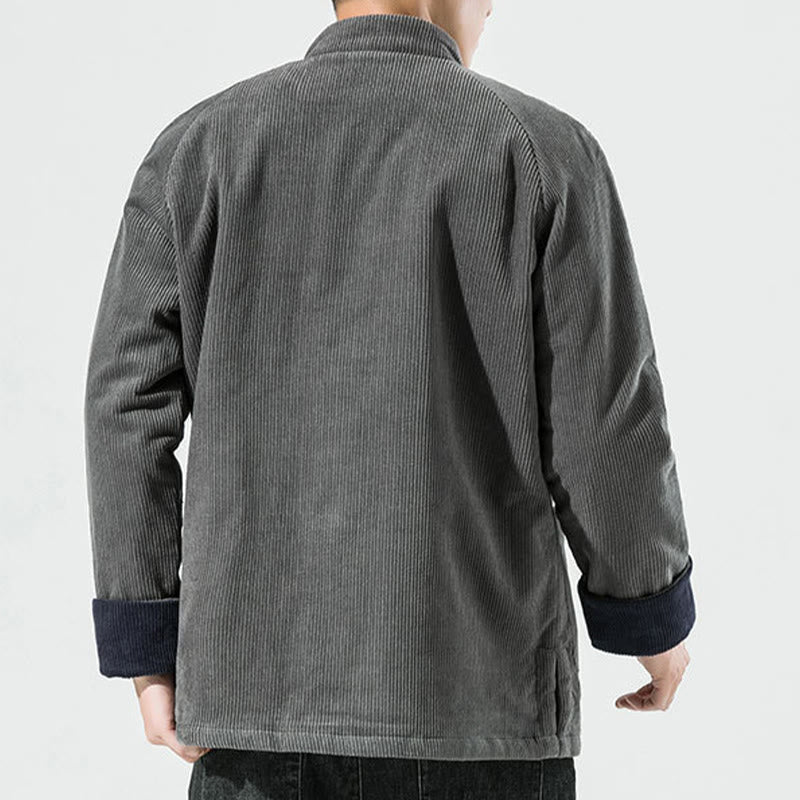 Frog-Button Chinese Tang Suit Stand Collar Long Shirt Corduroy Men Cotton Jacket Clothing