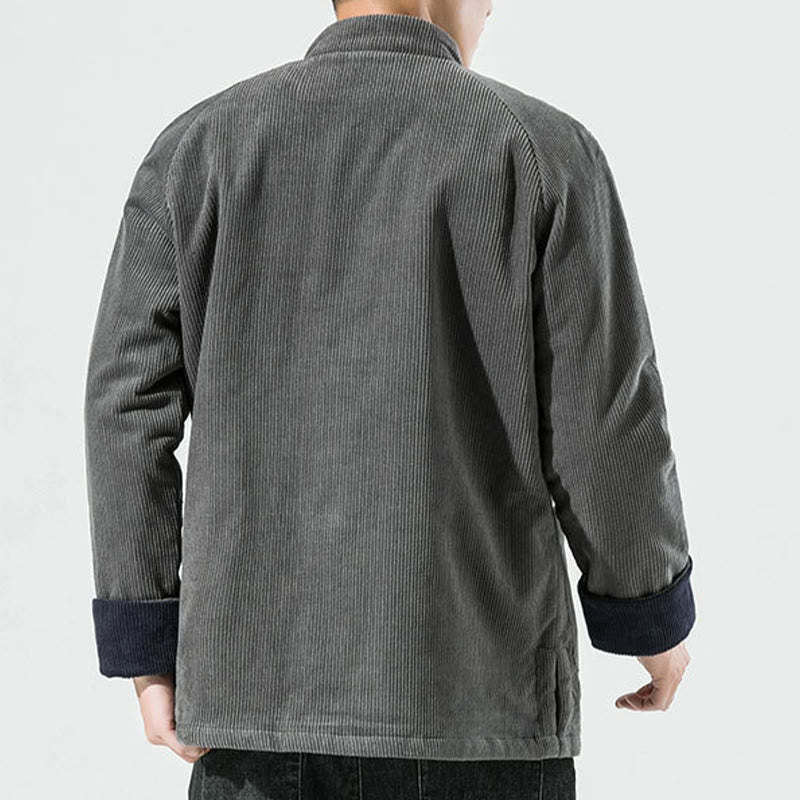 Frog-Button Chinese Tang Suit Stand Collar Long Shirt Corduroy Men Cotton Jacket Clothing