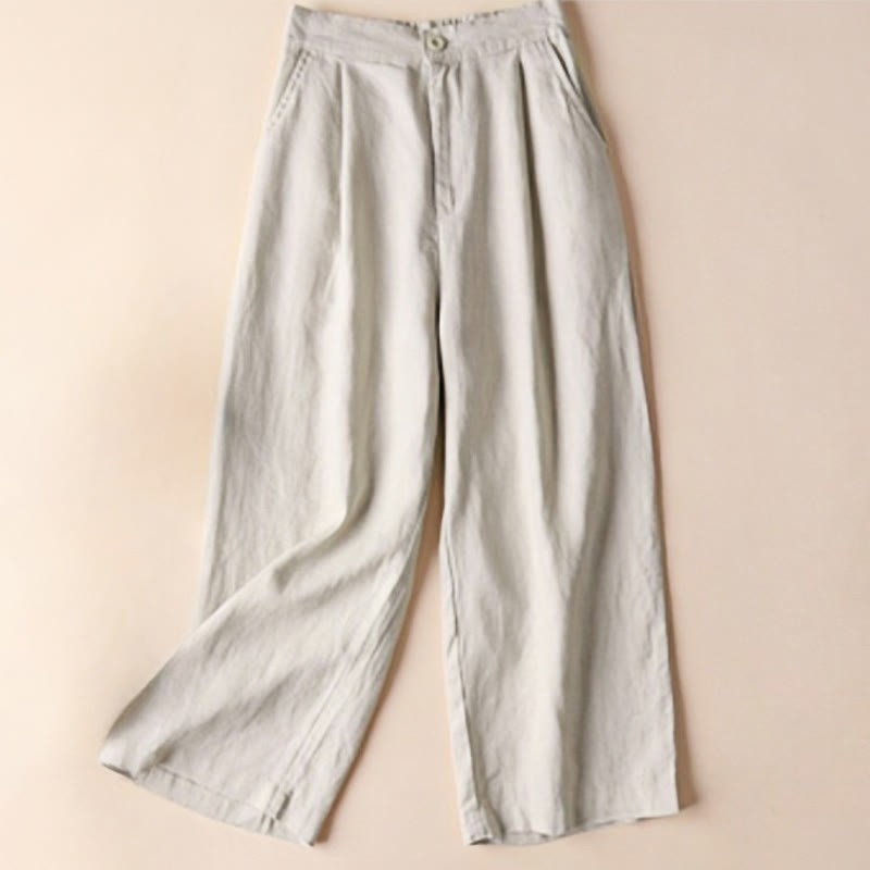Commute Solid Color Drawstring 7-8 Length Cotton Linen Women's Wide Leg Pants With Pockets