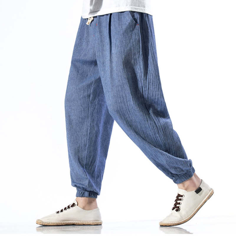 Casual Solid Color Drawstring Linen Men's Pants With Pockets