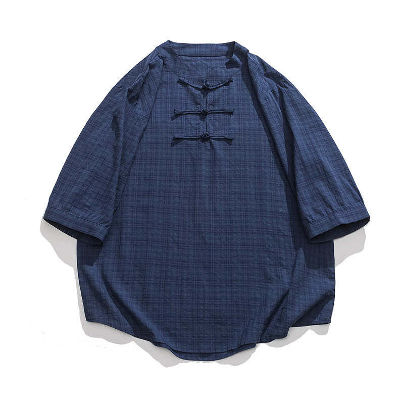 Frog-Button Plaid Pattern Chinese Tang Suit Half Sleeve Shirt Cotton Linen Men Clothing