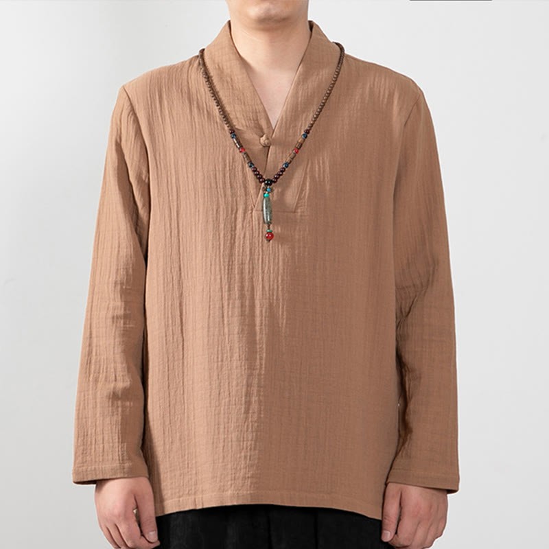 Fall Simple V-Neck Long Sleeve T-Shirt Cotton Men Clothing