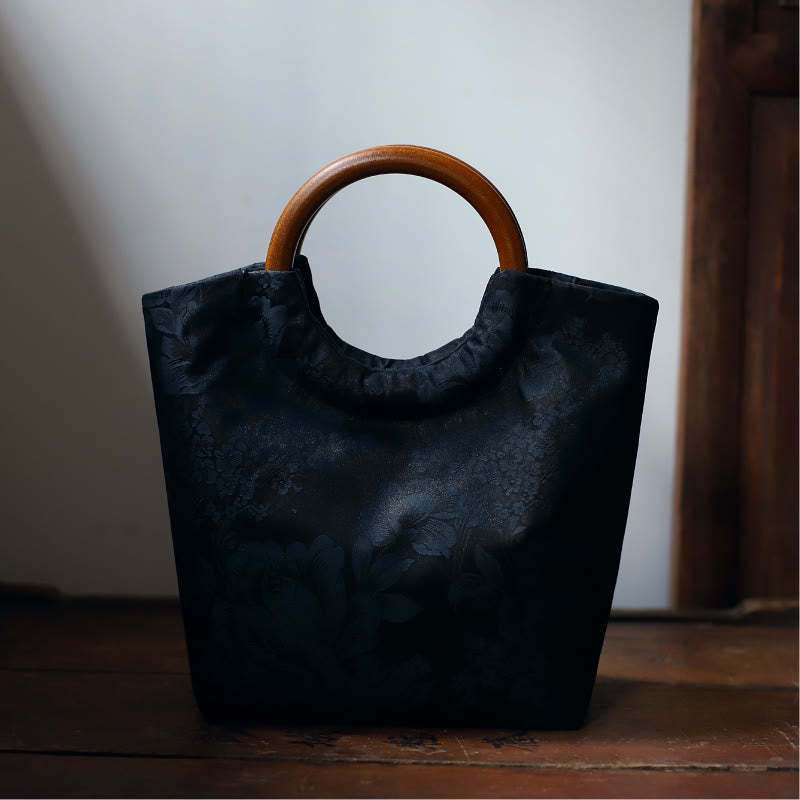 Peony Flower Bamboo Leaves Bird Solid Wood Handle Handbag