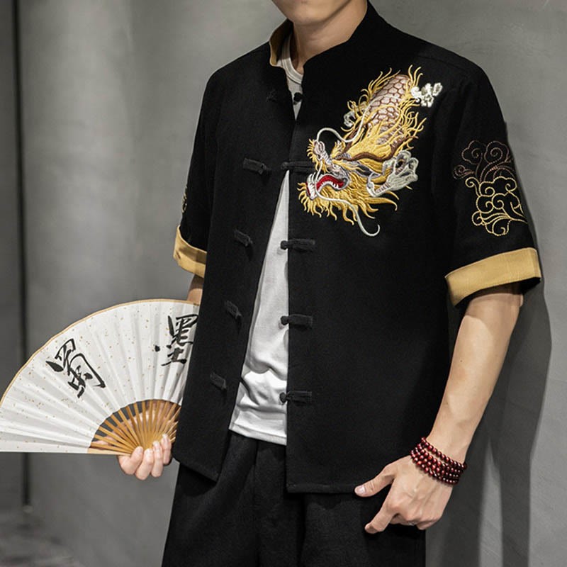 Frog-Button Chinese Dragon Auspicious Cloud Embroidery Half Sleeve Shirt Cotton Linen Men Clothing