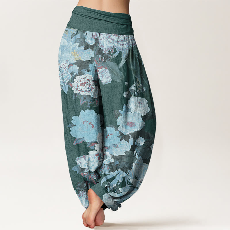 Casual Peony Lotus Leaves Pattern Women's Elastic Waist Harem Pants