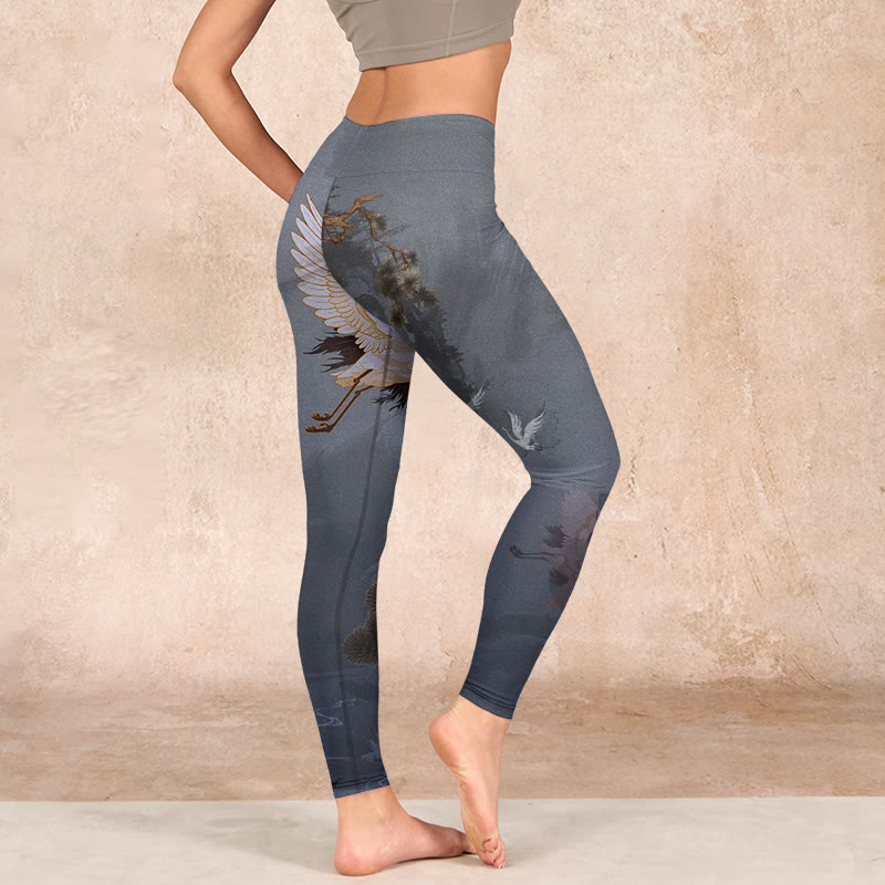 Auspicious White Crane Pine Tree Print Gym Leggings Women's Yoga Pants