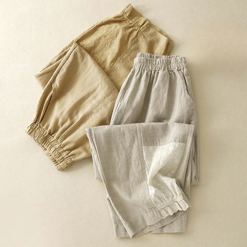 Casual Embroidery Patchwork Fabric 7-8 Length Cropped Pants Women's Cotton Harem Pants With Pockets