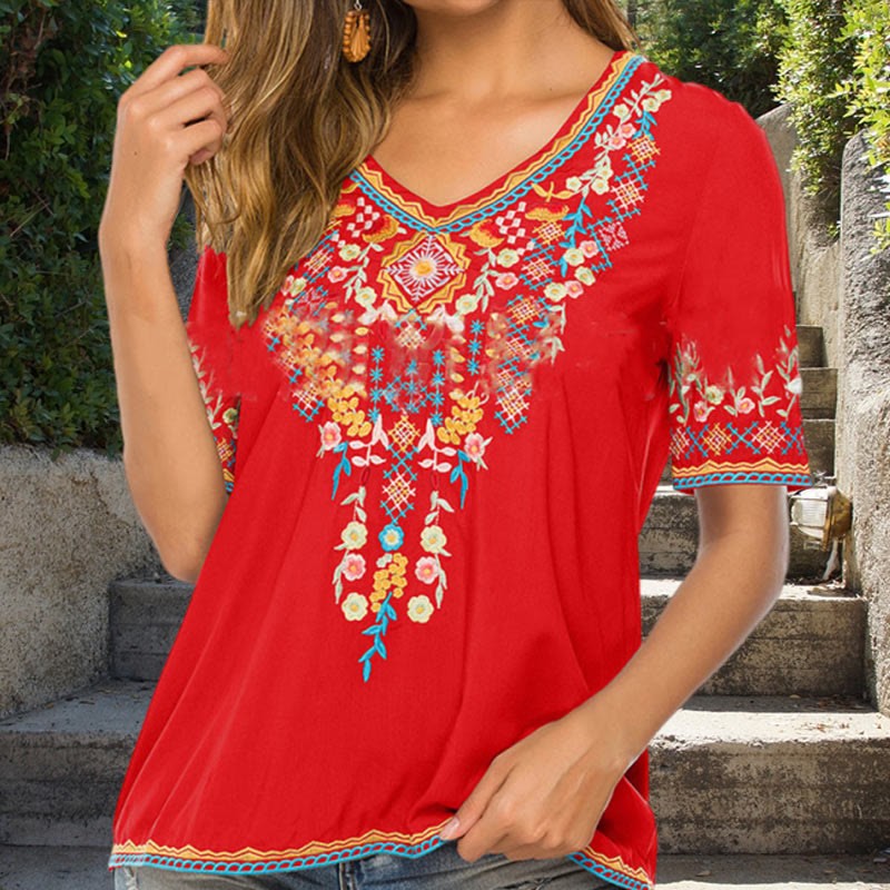 Embroidery Flower Design Short Sleeve V-neck Cotton Women's T-Shirt