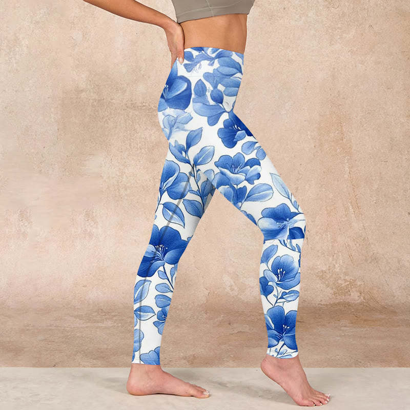 Blue Flowers Print Fitness Leggings Women's Yoga Pants