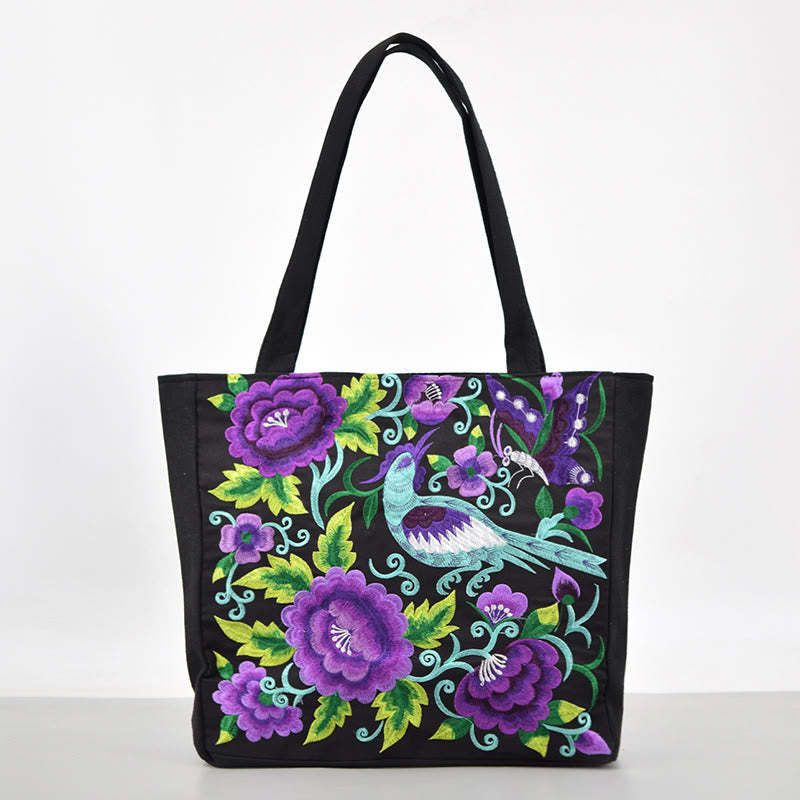 Galsang Magpie Peony Camellia Chrysanthemum Embroidery Canvas Shopping Purse Handbag Shoulder Bag