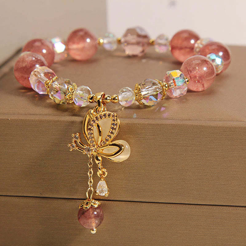 Natural Strawberry Quartz Healing Positive Butterfly Charm Bracelet