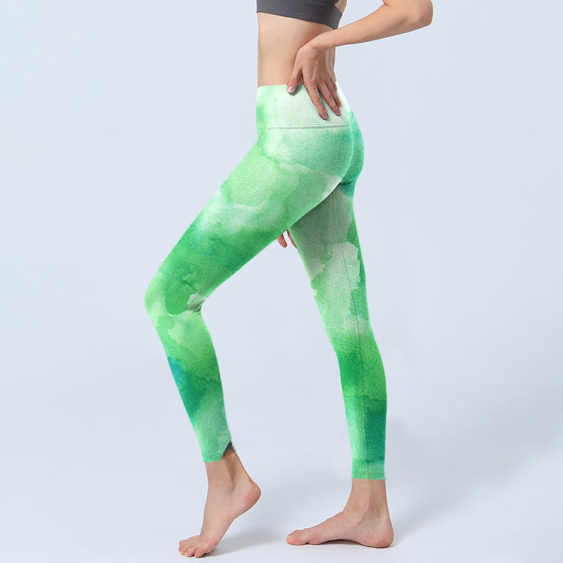 Green Ink Wash Pattern Gym Leggings Women's Yoga Pants
